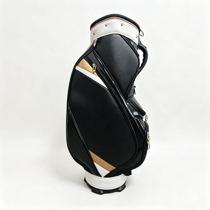 Eliteshine golf staff bag right side view showing single shoulder strap, multiple zippered pockets in black, white and gold