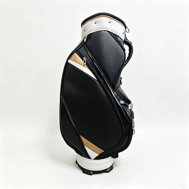 Eliteshine golf staff bag right side view showing single shoulder strap, multiple zippered pockets in black, white and gold