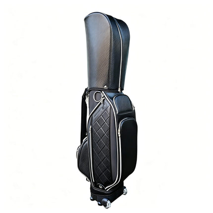 Eliteshine golf trolley bag right back view showing single shoulder strap, multiple zippered pockets and silver hardware in black PU