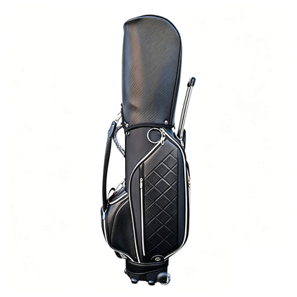 Eliteshine golf trolley bag left front view in glossy black quilted PU with white piping trim, 4-wheel rolling base and retractable handle