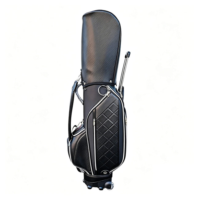Eliteshine golf trolley bag left front view in glossy black quilted PU with white piping trim, 4-wheel rolling base and retractable handle