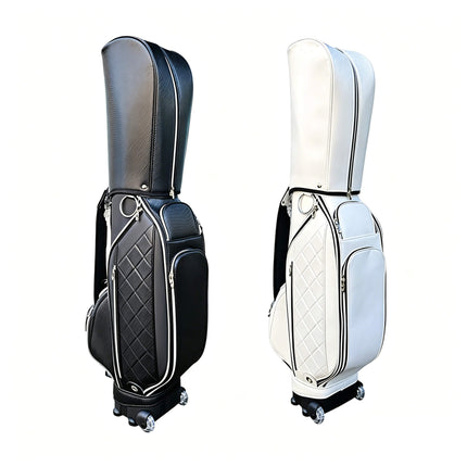 Eliteshine golf trolley bag left side view showing single shoulder strap, multiple zippered pockets and silver hardware in black and white