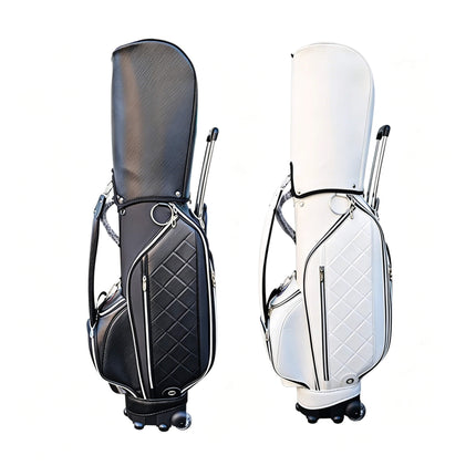 Eliteshine golf trolley bag left side view showing single shoulder strap, multiple zippered pockets and retrackable handle in black and white