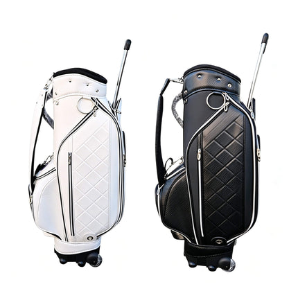 Eliteshine golf trolley bag left side view showing single shoulder strap, multiple zippered pockets, swivel wheels and retrackable handle, in black and white