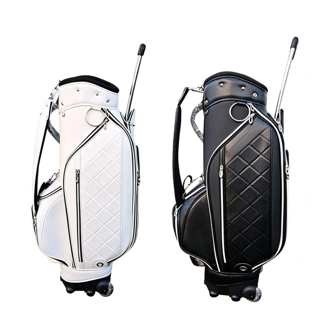 Eliteshine golf trolley bag left side view showing single shoulder strap, multiple zippered pockets, swivel wheels and retrackable handle, in black and white