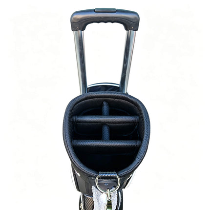 Eliteshine golf trolley bag top view showing 5-way padded club divider with retractable trolley handle extended