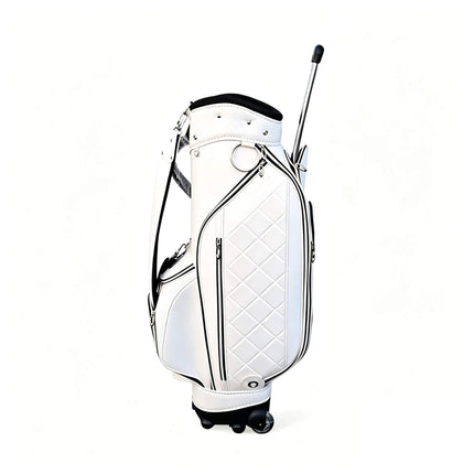 Eliteshine golf trolley bag left front view in glossy white quilted PU with black piping trim, 4-wheel rolling base and retractable handle