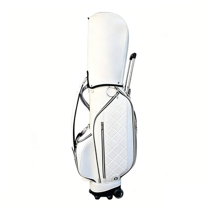 Eliteshine golf trolley bag front view showing single shoulder strap, multiple zippered pockets and silver hardware in white PU