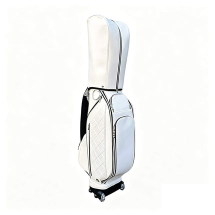 Eliteshine golf trolley bag left side view showing single shoulder strap, multiple zippered pockets and silver hardware in white PU