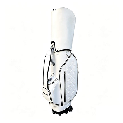 Eliteshine golf trolley bag right back view showing single shoulder strap, multiple zippered pockets and silver hardware in white PU