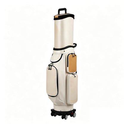Eliteshine golf travel bag in cream crystal PU with tan leather accents, swivel wheels and retractable height — side view