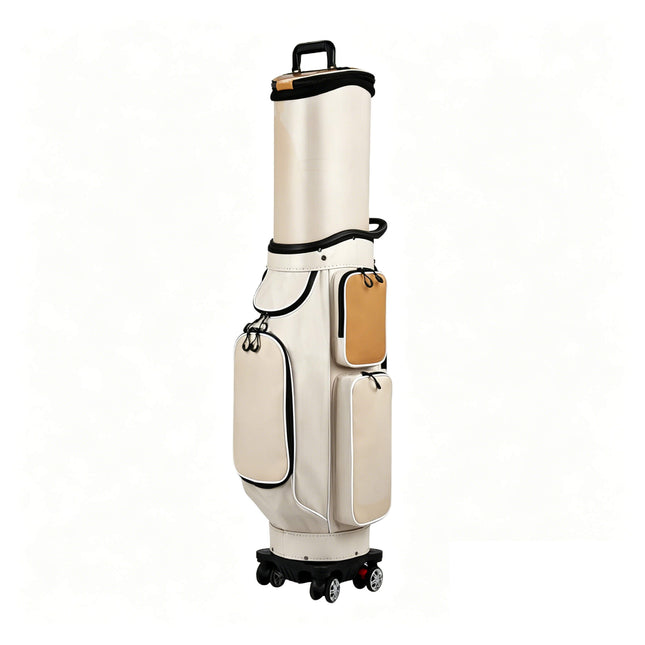 Eliteshine golf travel bag in cream crystal PU with tan leather accents, swivel wheels and retractable height — side view