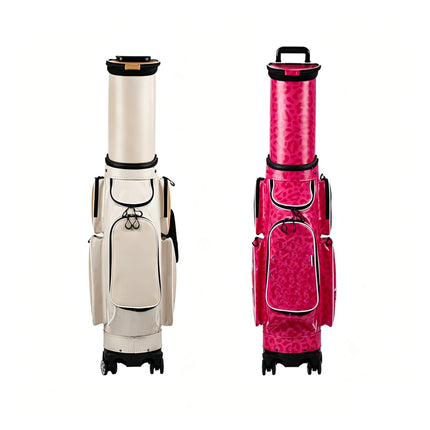 Eliteshine golf travel bag of crystal PU with tan leather accents, swivel wheels and retractable hood, front view of cream and pink