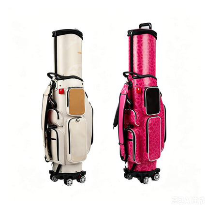 Eliteshine golf travel bag of crystal PU with tan leather accents, swivel wheels and retractable hood, left side view of cream and pink