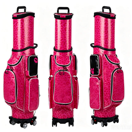 Eliteshine golf travel bag of crystal PU with tan leather accents, swivel wheels and retractable hood, side views of  pink
