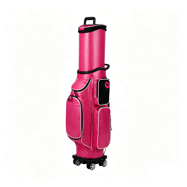 Eliteshine golf travel bag in pink crystal PU with tan leather accents, swivel wheels and retractable height — side view