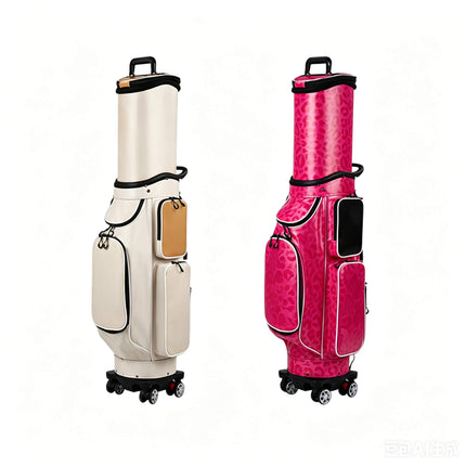 Eliteshine golf travel bag of crystal PU with tan leather accents, swivel wheels and retractable hood, right side view of cream and pink