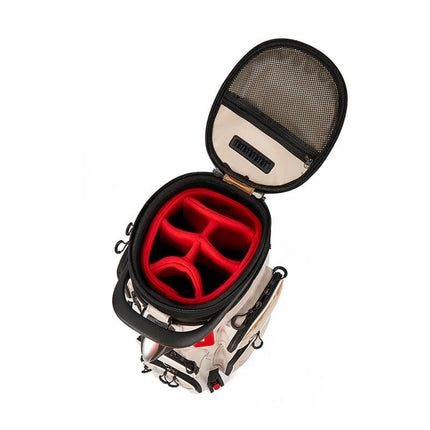 Eliteshine golf travel bag front view with hard-shell clamshell lid open showing 6-way red padded club divider