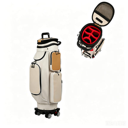 Eliteshine golf travel bag top-down view of 6-way red padded club divider with hard-shell clamshell lid and mesh interior pocket
