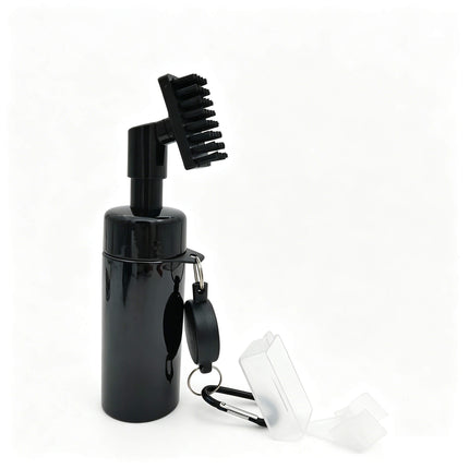 Rear view of Eliteshine F01 golf brush in black showing groove cleaner head open, retractable cord reel detail, and carabiner clip