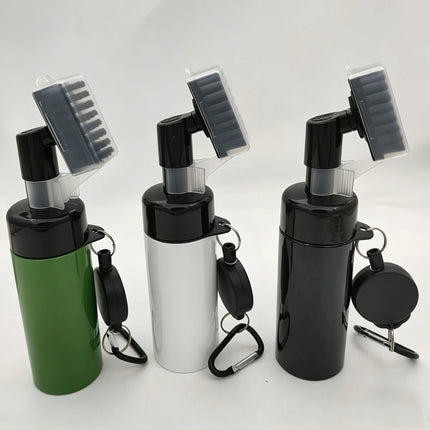 Eliteshine F01 golf brush in white shown with both brush heads — nylon bristle head on bottle and groove cleaner head displayed separately with carabiner clip