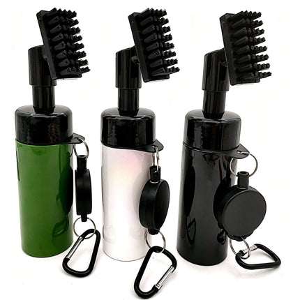 Eliteshine F01 golf brush in green shown with both brush heads detached — nylon bristle head attached and hard groove cleaner head displayed separately alongside bottle