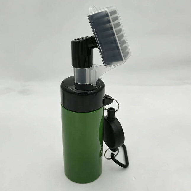 Eliteshine F01 golf club cleaner brush in green showing soft nylon bristle head attached to water dispenser bottle with retractable carabiner clip