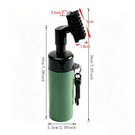 Size diagram of Eliteshine F01 golf brush: 20cm total height, 18cm bottle, 5.5cm diameter, brush head 5cm wide with 2.5cm bristle depth and 1.8cm groove tines