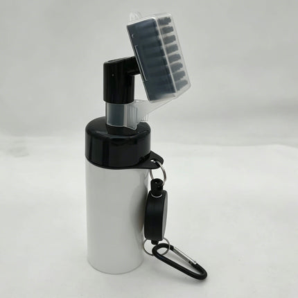 Right side view of Eliteshine F01 golf brush in white showing groove cleaner head open at angle, pump body, and retractable carabiner clip detail
