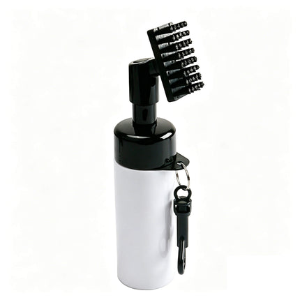 Eliteshine F01 golf club cleaner brush in white showing nylon bristle brush head on pump dispenser bottle with black carabiner clip