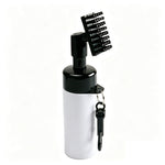 Eliteshine F01 golf club cleaner brush in white showing nylon bristle brush head on pump dispenser bottle with black carabiner clip