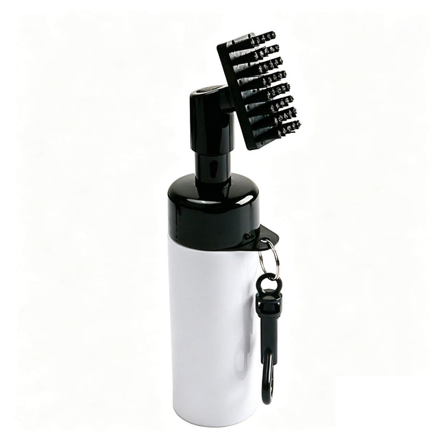 Eliteshine F01 golf club cleaner brush in white showing nylon bristle brush head on pump dispenser bottle with black carabiner clip