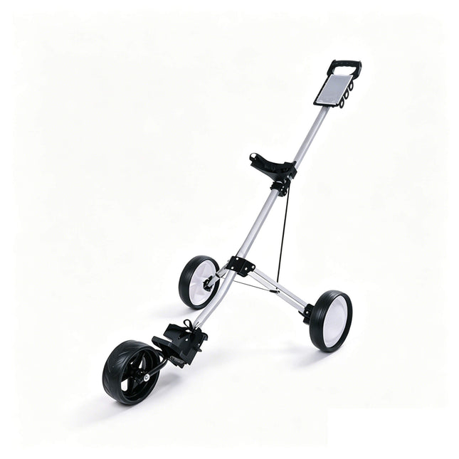 Eliteshine V303 3-wheel golf push trolley alternate main view showing silver and black aluminum alloy frame with detachable spoke wheels