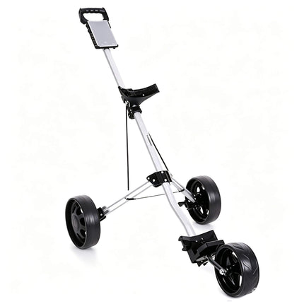 Eliteshine V303 3-wheel golf push trolley right side view showing silver aluminum alloy frame, bungee cord bag tray and detachable spoke wheels