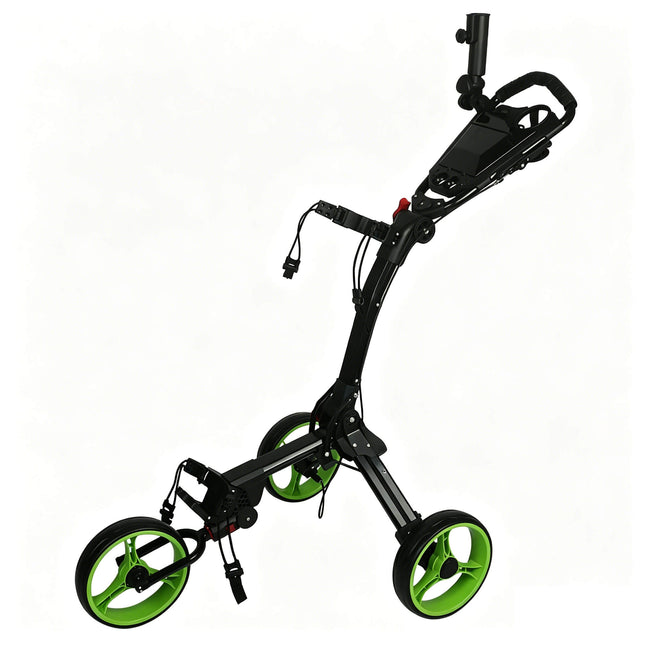 Eliteshine V310 3-wheel golf push trolley main view in black iron frame with umbrella holder, scorecard panel and green spoke rubber wheels