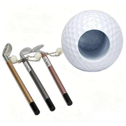 Eliteshine golf gift mj01 display the top view  of a golf ball shape pen holder and three pens in shape of clubs