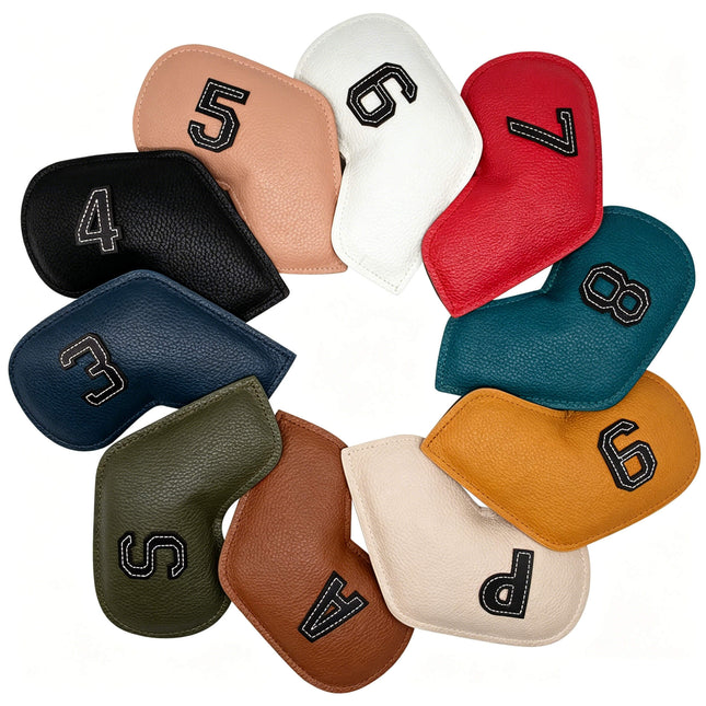 eliteshine golf iron club head covers in various colors and number from 3-9 and p, a, s stiched on