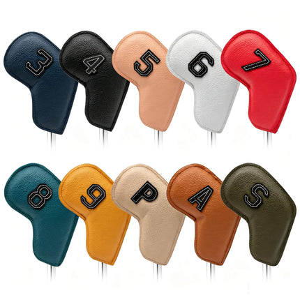 Eliteshine golf iron club head covers made of leather with number 3-9 and p, a, s marked