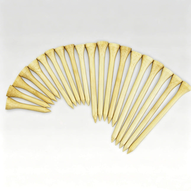Single Eliteshine Z1 bamboo golf tee shown at an angle on white background highlighting natural grain texture and tapered spike