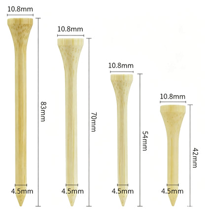 Size comparison of Eliteshine Z1 bamboo golf tees in four heights: 83mm, 70mm, 54mm, and 42mm, all with 10.8mm cup and 4.5mm spike
