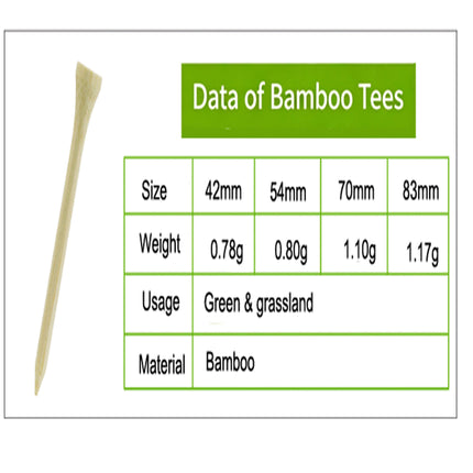 Data chart for Eliteshine Z1 bamboo golf tees showing sizes 42mm to 83mm with weights from 0.78g to 1.17g and bamboo material