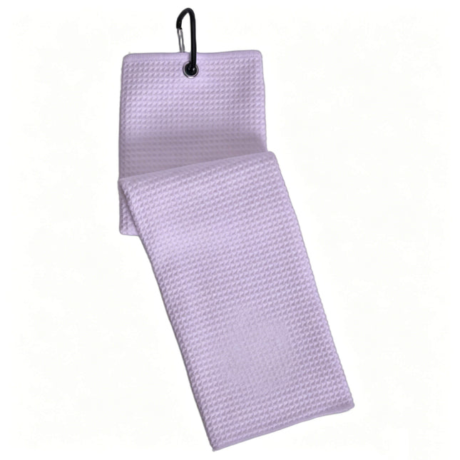 Eliteshine MH-A golf towel in beige — waffle weave cotton trifold with embroidered logo and carabiner clip