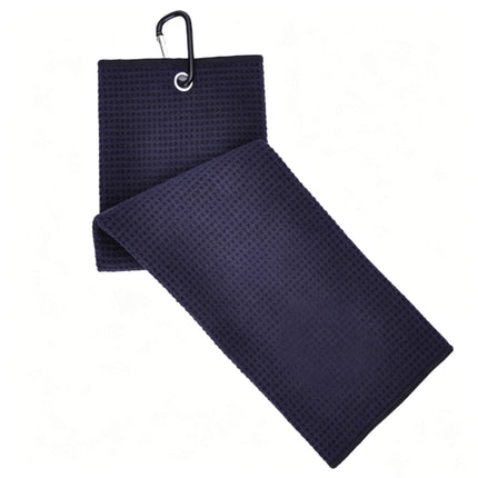 Eliteshine MH-A golf towel in black — 420/450/500gsm waffle cotton trifold golf towel with overlock edge and carabiner