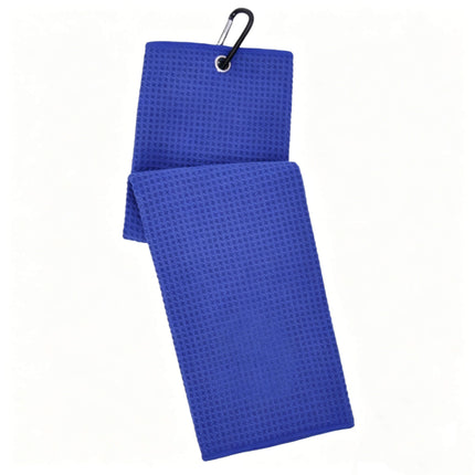 Eliteshine MH-A golf towel in blue — premium trifold waffle cotton towel with carabiner clip for golf bag