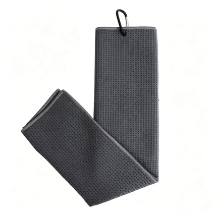 Eliteshine MH-A golf towel in brown — waffle weave trifold golf towel with embroidered badge and locked edge finish
