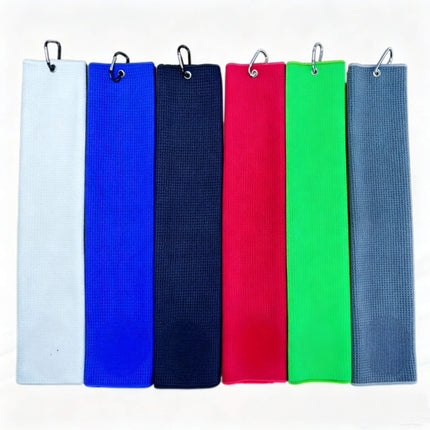 Eliteshine MH-A golf towel in multiple colors — 420/450/500gsm waffle cotton trifold with carabiner clip and overlock edge