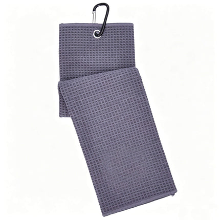 Eliteshine MH-A golf towel in gray — 420/450/500gsm waffle cotton trifold with carabiner clip and overlock edge