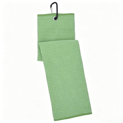Eliteshine MH-A golf towel in green — premium waffle cotton trifold golf towel with metal carabiner clip