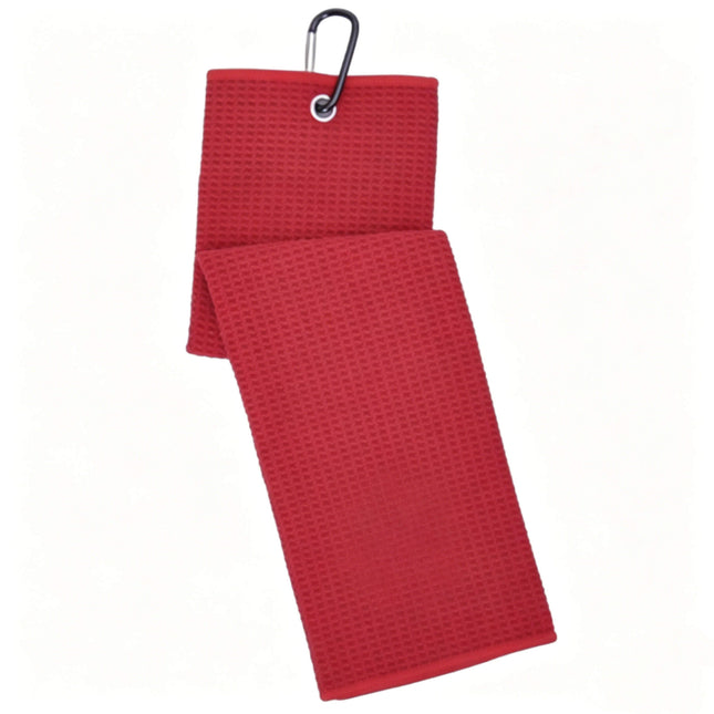 Eliteshine MH-A golf towel in red — 420/450/500gsm waffle cotton trifold with carabiner clip and overlock edge
