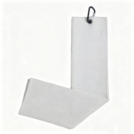 Eliteshine MH-A golf towel in white — 420/450/500gsm waffle cotton trifold with carabiner clip and overlock edge